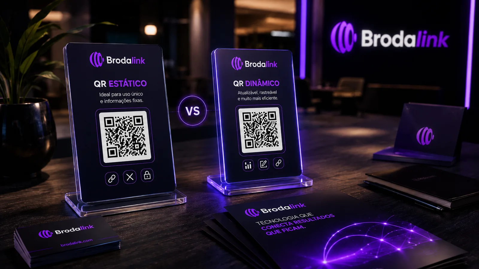 Ambiente moderno com dois displays comparando QR Code estático e QR Code dinâmico em materiais impressos da Brodalink.